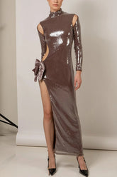 Long Sleeve Bow Detail Sequin Maxi Dress | Dress In Beauty